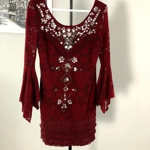 Free People Red Boho Sequin Ruffle Dress